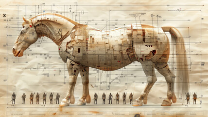 a construction blueprint in an exploded schematic style depicting instructions how to create the wooden trojan horse showing hidden greek soldiers,generative ai