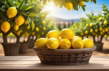 wicker baskets with ripe lemons on a wooden table, lemon garden to the horizon, lemon tree branches, long lemon plantations, Organic Farming, sunny day, sunset or dawn light