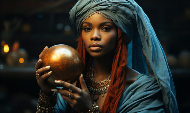African fortune teller or esoteric Oracle sees in the future by looking into their crystal ball esoteric woman predicts the fate and supernatural events in life