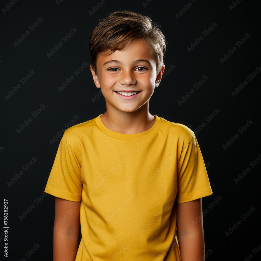 Wall mural Smiling boy wearing yellow T-Shirt Mockup on black studio background. Generative Ai