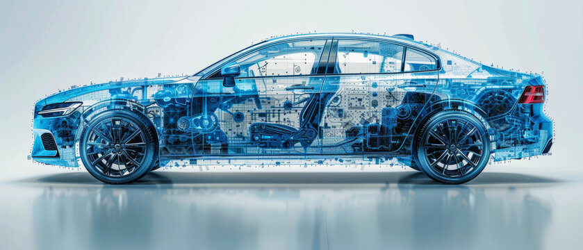2D technical schematic of a car, blue and white,generative ai