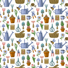 Seamless pattern on the theme of gardening with equipment, pots, flowers, watering cans, baskets, pruning shears.
