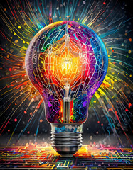 A stunning light bulb with a unique and colorful pattern. The bulb stands out against a dark background, with its intricate colorful design.