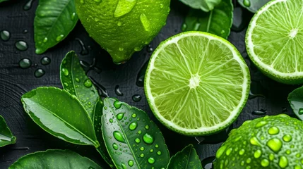 Foto op Plexiglas Close up of fresh limes covered in water, top view of vibrant healthy vegetables on food background © Ilja