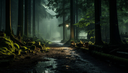 Mysterious forest, dark night, spooky autumn beauty generated by AI - obrazy, fototapety, plakaty