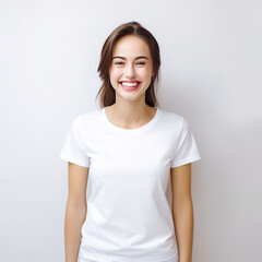 Smiling Girl wearing white T-Shirt Mockup on white studio background. Generative Ai