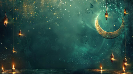 Ramadan Kareem. eid mubarak, Islamic greeting card template with ramadan moon for wallpaper design. Poster, media banner. green background