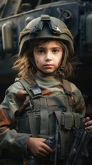 A girl in a military uniform with a weapon looks at the camera. Concept: War is no place for children.