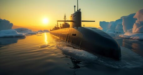 The Majestic Presence of a Nuclear Submarine in Arctic Waters Amidst Icebergs - obrazy, fototapety, plakaty
