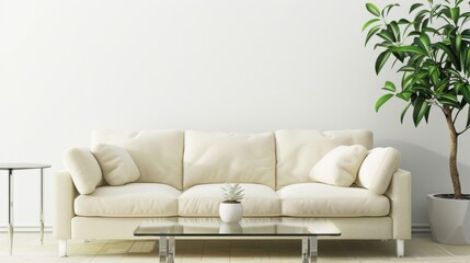 Modern Minimalist White Living Room with Cream Sofa AI Generated.
