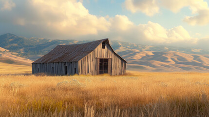 Obraz premium Rustic weathered barn surrounded by golden fields