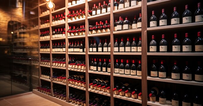 The Artful Arrangement of Wine Bottles on Racks in a Cellar