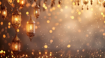 Fototapeta na wymiar islamic greeting ramadan kareem and eid mubarak card design background with lanterns , lamps and lights