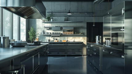 Fototapeta premium Sleek modern kitchen with stainless steel appliances