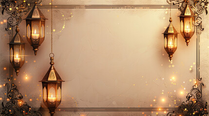 islamic greeting ramadan kareem and eid mubarak card design background with lanterns , lamps and...