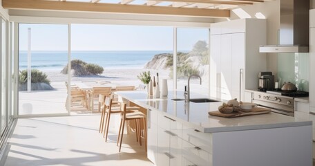 Obraz premium The Luxurious Blend of a Modern White Kitchen with Expansive Ocean Vistas