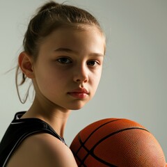 A sporty and attractive teenage girl in a basketball uniform holds a ball, representing the energy and enthusiasm of youth in competitive sports.