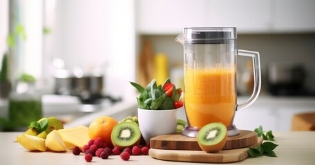 Preparing Smoothies with Fresh Fruits and Healthy Ingredients Ready in a Blender on the Kitchen Table