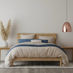 a photorealistic 3d render of a scandinavian home bedroom interior mockup, featuring a wooden bed, beige and blue bedding, pillows, a vase of pampas and a copper lamp on an empty wall background