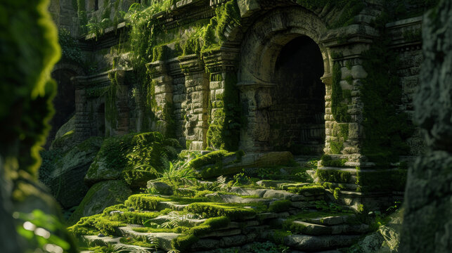 Ancient stone ruins covered in vibrant moss