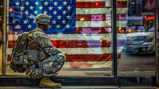 Soldier In Camouflage Crouches In Contemplation Before Vivid American Flag, With The Word Reflection