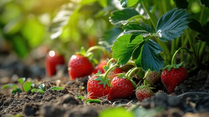 Sun-kissed strawberries adorn the garden, promising a bountiful harvest. A vitamin-rich, vegetarian delight, showcasing the rewards of careful gardening.