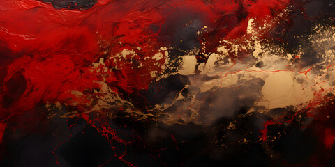Abstract dark red ink acrylic splashes background with golden elements