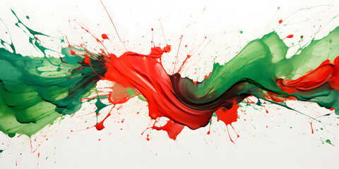 Abstract red and green acrylic paint splashes on white background 
