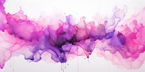Abstract pink and purple acrylic paint splashes on white background 
