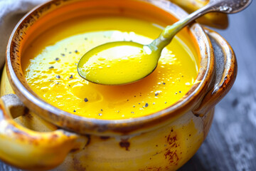 soup with a yellow color and a pot shape and a warm overlay on the spoon