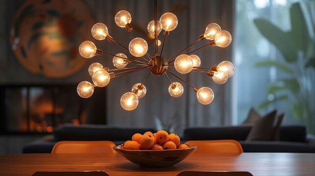 Integrate statement lighting fixtures, like a Sputnik chandelier or pendant lights with a mid-century flair - Powered by Adobe