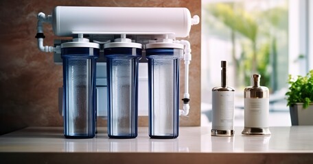 Installed water purification filters. Reverse osmosis water purification system at home - obrazy, fototapety, plakaty