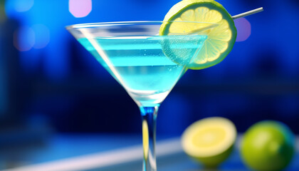 Refreshing blue cocktail with lime and lemon slices, perfect for summer generated by AI