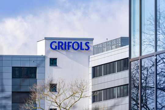 Advertising logo Grifols leading global healthcare company develops plasma-derived medicines, innovative biopharmaceutical solutions, Grifols Deutschland GmbH Frankfurt, Germany - February 13, 2024
