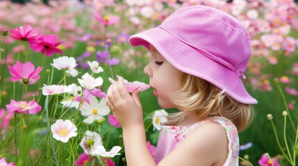 Fototapeta premium portrait of a girl in a pink hat sniffing flowers. The child enjoys nature.