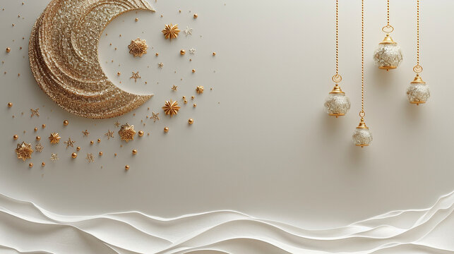 Ramadan Kareem and eid greeting card with background islamic symbol crescent moon and lantern lights, white background,