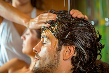 Fototapeta premium man and a woman getting a scalp massage, with fragrant oils in their hair