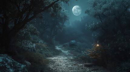 Ethereal moonlit pathway through a mystical forest