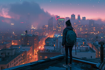 girl standing on a rooftop, with the city skyline in the background