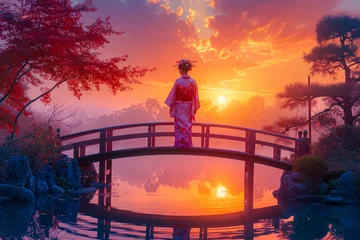 Foto op Canvas girl in a kimono standing on a bridge over a pond, looking at a beautiful sunset © Formoney