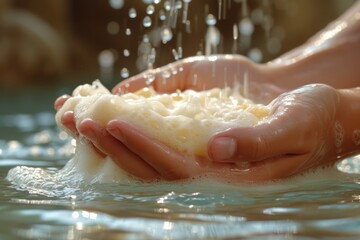 Fototapeta premium Fresh and clean – a close-up of hands being washed with foamy soap, promoting hygiene and health.