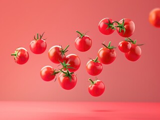 Fresh tomatoes flying against a red background
