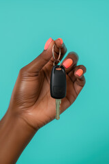 Fototapeta premium African American Woman's Hand with Bright Pink Manicure Holding Car Key.