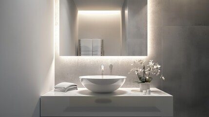 Fototapeta na wymiar Elegant Bathroom with Wall-Mounted Sink & Backlit Mirror AI Generated.