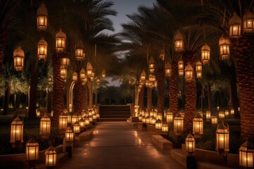 Fototapeta na wymiar Elegant date palm trees with hanging lanterns to honor Ramadan