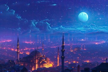 High above a city with glowing minarets during Ramadan
