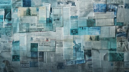 The background is old newspaper clippings in Cyan color