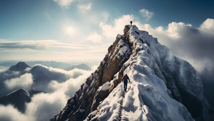 A man is climbing a towering snow-covered mountain to catch up with his friend who has already reached the summit.




 - obrazy, fototapety, plakaty