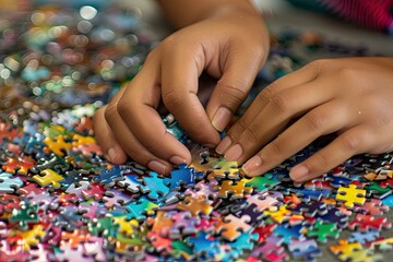 The hands of a child with a colorful mosaic. A child's hands on a background with colorful puzzles. Close-up.