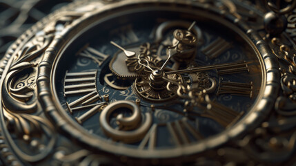 A close-up of a meticulously crafted pocket watch with ornate engravings and delicate hands...